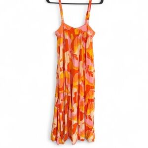 ABEL THE LABEL Maxi Dress XS Sunset Floral Tiered Tropical Beach Orange Pink